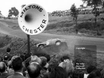 Alan Hutcheson, Barwell Motors Riley 1.5, rolls at Knickerbrook, Oulton Park, Gold Cup meeting 1962.
