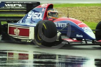 Thierry Boutsen, Jordan 193, seen during wet qualifying at Silverstone for the 1993 British Grand Prix.
