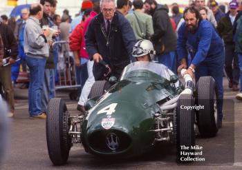 Roy Salvadori, Maserati 250F, in the paddock, COYS Historic International Festival, July 1993, Silverstone.
