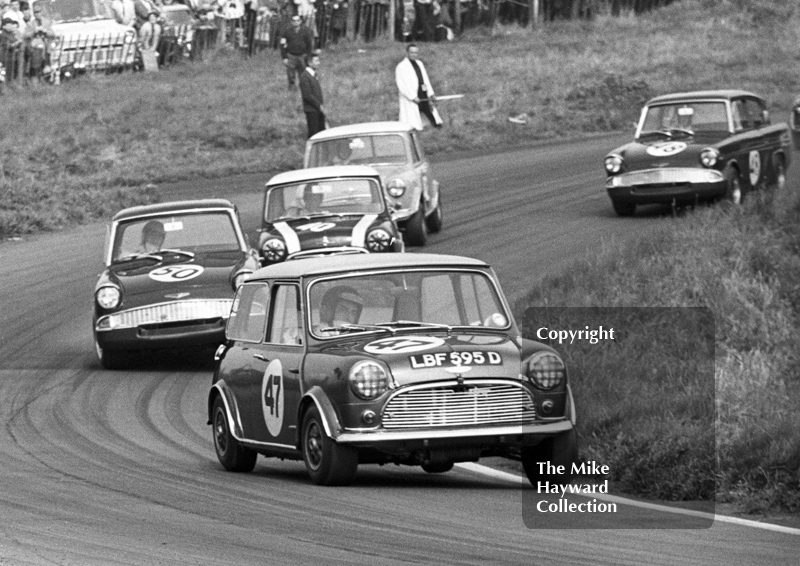 Steve Neal, Equipe Arden Mini Cooper S, LBF 595D, followd by Chris Craft, Ford Anglia, and John Rhodes, Mini, Oulton Park Gold Cup meeting, 1967.