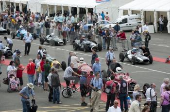 Front engine Grand Prix cars line up in the paddock, HGPCA pre-61 GP cars, Silverstone Classic, 2010