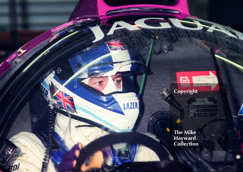 Derek Warwick, Silk Cut Jaguar XJR-14 Cosworth V12, in the pits, Castrol BRDC Empire Trophy, World Sports Car Championship, Silverstone, 1991.