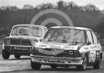 Jim Burroughs, Team Lassman Leyland Mini, follows Rex Greenslade, Napolina Alfa Romeo Alfasud, Tricentrol British Touring Car Championship, F2 International meeting, Thruxton, 1977.
