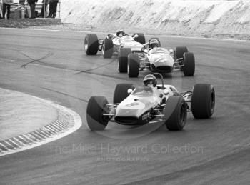 Jochen Rindt, Brabham BT23C, Piers Courage, Frank Williams Brabham BT23C, and Jean-Pierre Beltoise, Matra MS7, Thruxton, Easter Monday 1968.

